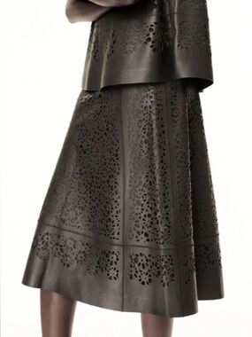 Zac Zac PosenBlack Laser-Cut A-Line Midi Leather Skirt 4